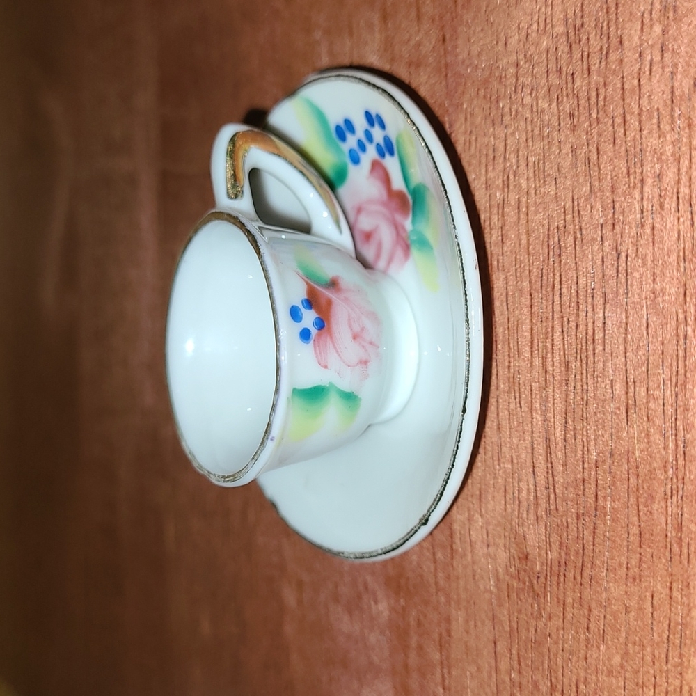 Vintage Mini Tea Cup & Saucer Hand Painted with Pink Roses 2-1/4" mid-20th C